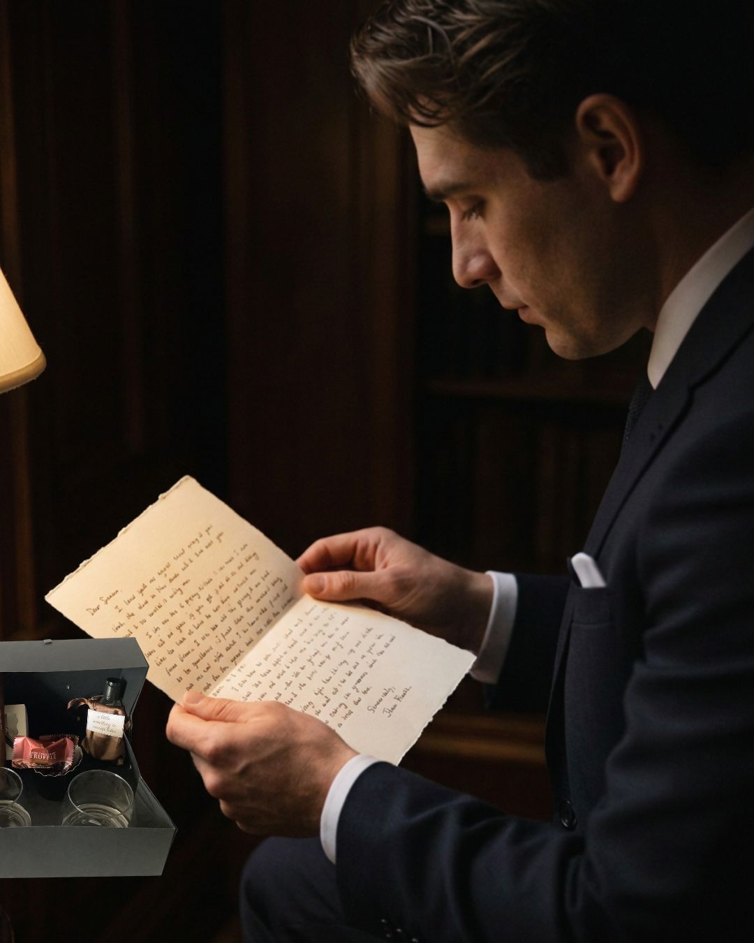 Groom in tuxedo reading a heartfelt love letter