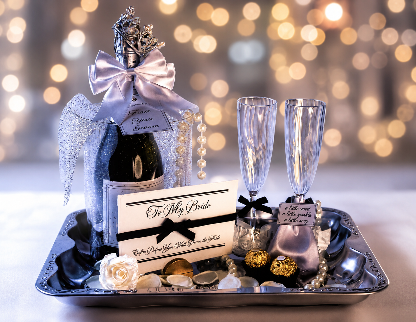 Silver bride keepsake tray with champagne flutes, pearls, and love letter