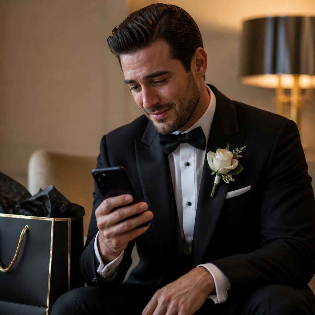 Groom in tuxedo listening to a private video message with a PS I Do gift bag